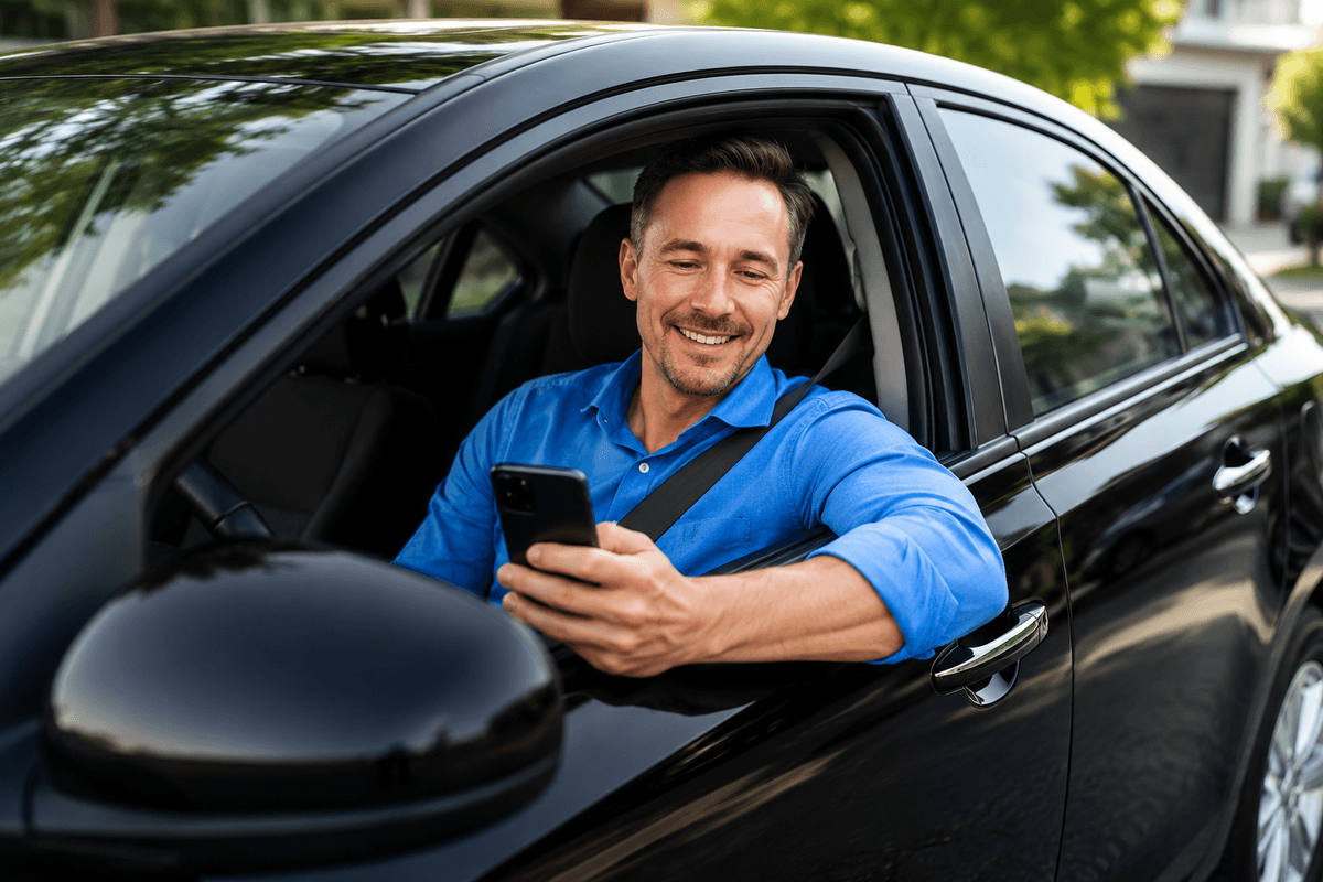 A Drive2Ride driver checking his phone beside the car