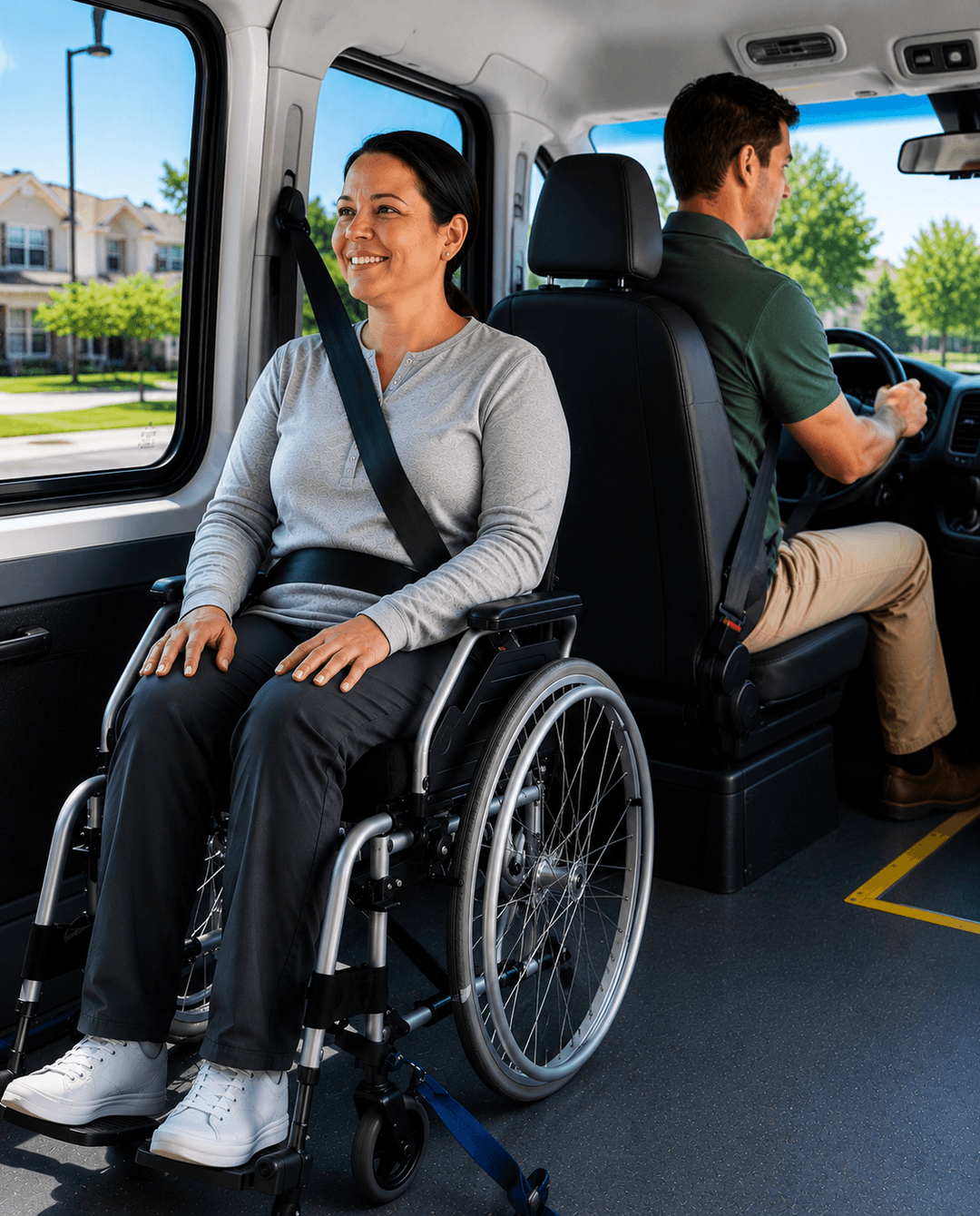 A rider using a wheelchair, secured and smiling inside a Drive2Ride vehicle