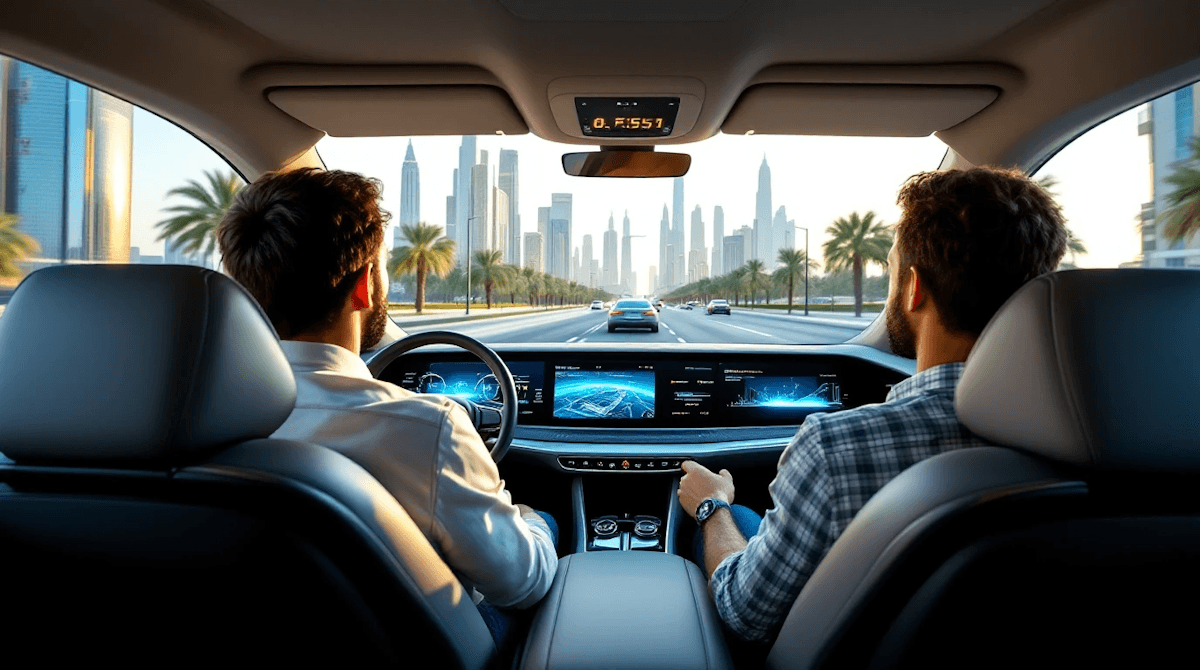 A driver and passengers riding through the city